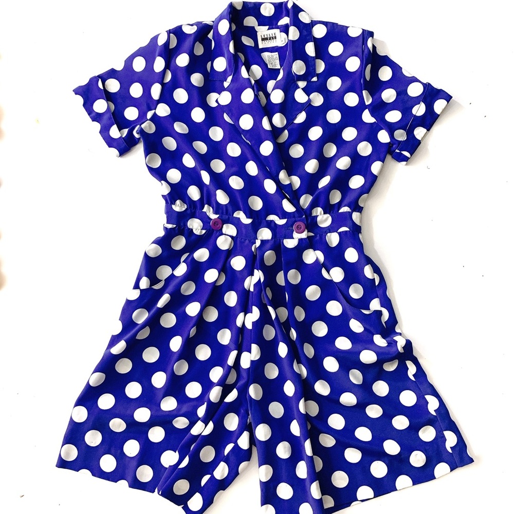 {VINTAGE} Leslie Fay Blue & White Polka Dot Romper - Picture 1 of 8